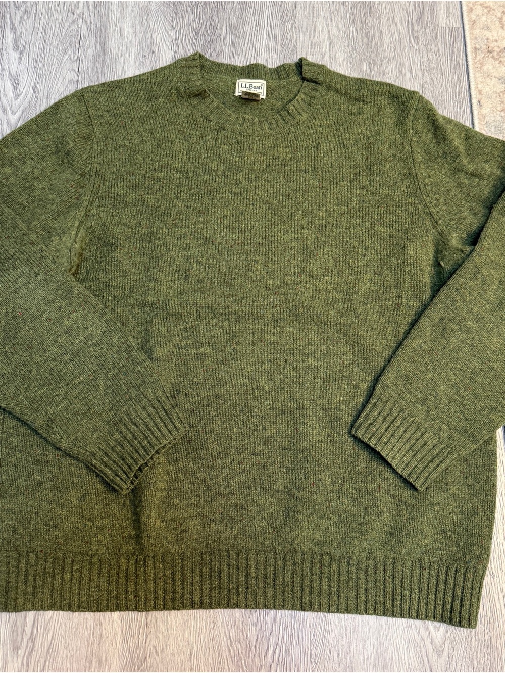 LL Bean Mens 100% Shetland Wool Green Crewneck Sweater Fisherman Size XL 271087